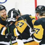 
			
				                                Wilkes-Barre/Scranton’s Radim Zohorna (67) celebrates his first career NHL goal with fellow AHL call-ups Frederick Gaudreau (11) and Anthony Angello on Thursday night in Pittsburgh.
                                 Keith Srakocic | AP photo

			
		