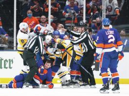 
			
				                                Tensions heated up in the third period between the Penguins and Islanders, as all 10 skaters on the ice were thrown in the penalty box after a scrum in Thursday’s Game 3.
                                 Frank Franklin II | AP photo

			
		
