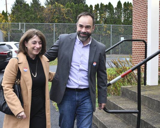 
			
				                                Kevin Brobson, the Republican candidate for an open seat on Pennsylvania’s state Supreme Court, leaves with his wife Lauren after they voted at their polling place at Fishing Creek Community Center, Nov. 2, 2021, in Harrisburg, Pa. (AP Photo/Marc Levy)
 
			
		