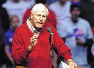 
			
				                                In this April 27, 2016, file photo, former Indiana basketball coach Bob Knight speaks during campaign stop for Republican presidential candidate Donald Trump in Indianapolis. Knight, the brilliant and combustible coach who won three NCAA titles at Indiana and for years was the scowling face of college basketball has died. He was 83.
                                 AP file photo

			
		